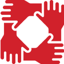 Four red hands creating unity symbol