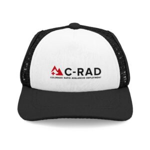 Black and white trucker hat with logo.